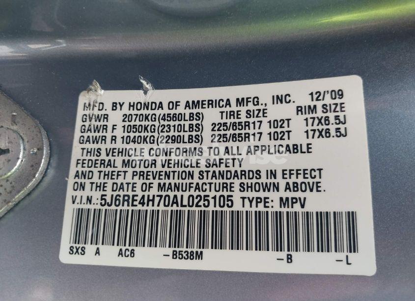 Photo 9 of 2010 Honda Cr-v EX-L (VIN 5J6RE4H70AL025105)