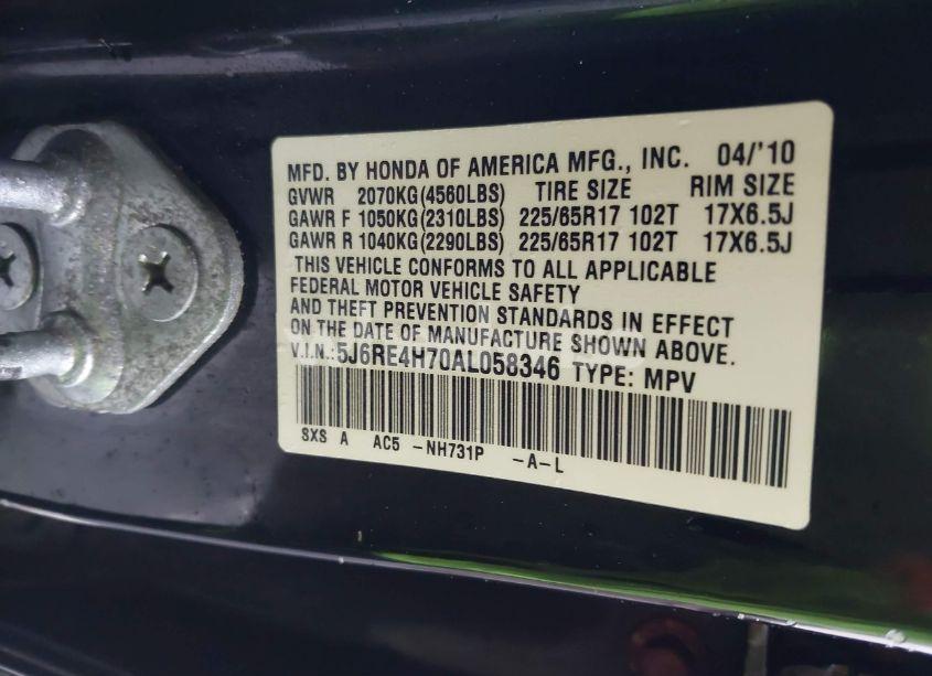 Photo 9 of 2010 Honda Cr-v EX-L (VIN 5J6RE4H70AL058346)