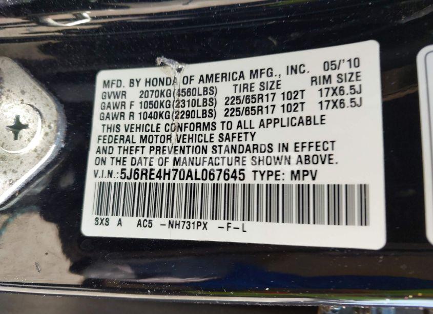 Photo 9 of 2010 Honda Cr-v EX-L (VIN 5J6RE4H70AL067645)