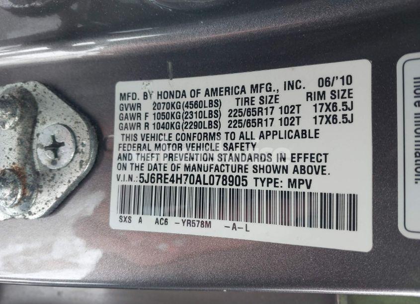 Photo 9 of 2010 Honda Cr-v EX-L (VIN 5J6RE4H70AL078905)