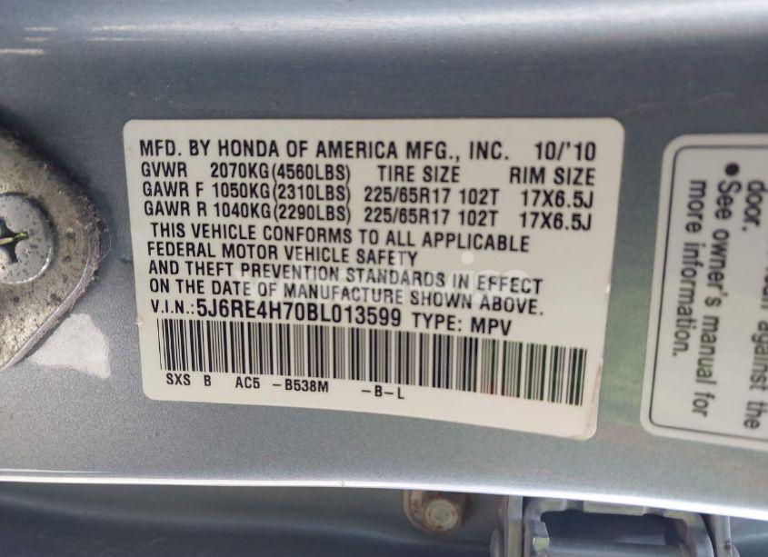 Photo 9 of 2011 Honda Cr-v EX-L (VIN 5J6RE4H70BL013599)