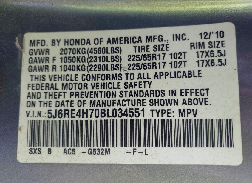 Photo 9 of 2011 Honda Cr-v EX-L (VIN 5J6RE4H70BL034551)