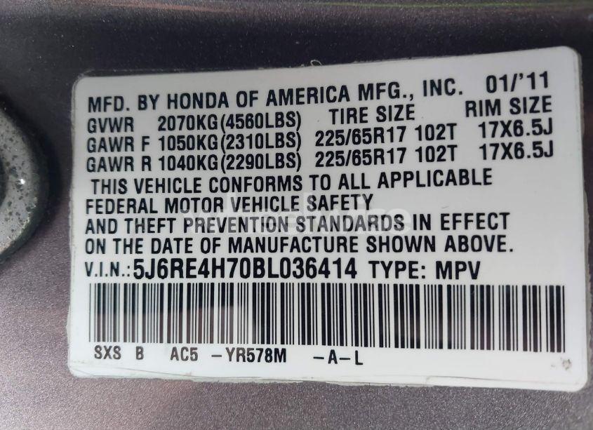 Photo 9 of 2011 Honda Cr-v EX-L (VIN 5J6RE4H70BL036414)