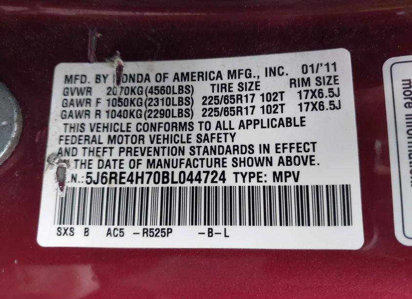 Photo 9 of 2011 Honda Cr-v EX-L (VIN 5J6RE4H70BL044724)