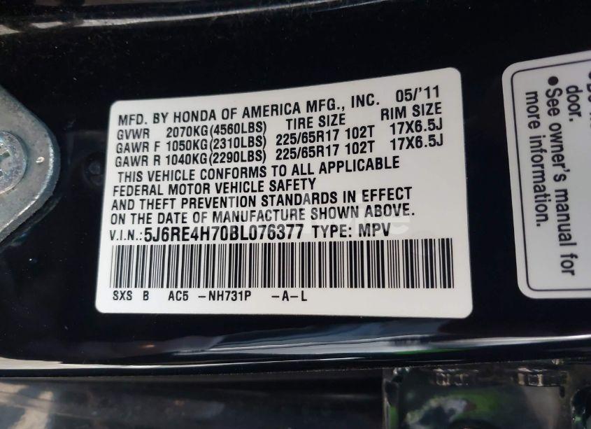 Photo 9 of 2011 Honda Cr-v EX-L (VIN 5J6RE4H70BL076377)