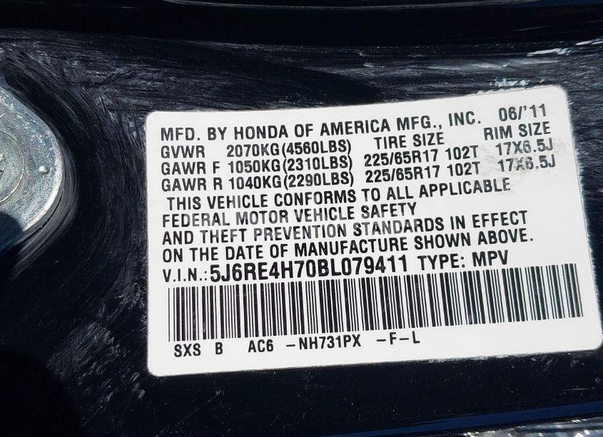 Photo 9 of 2011 Honda Cr-v EX-L (VIN 5J6RE4H70BL079411)