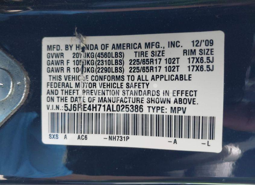 Photo 9 of 2010 Honda Cr-v EX-L (VIN 5J6RE4H71AL025386)