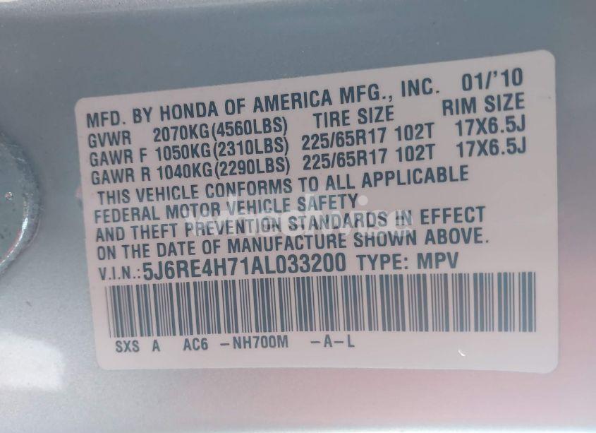 Photo 9 of 2010 Honda Cr-v EX-L (VIN 5J6RE4H71AL033200)
