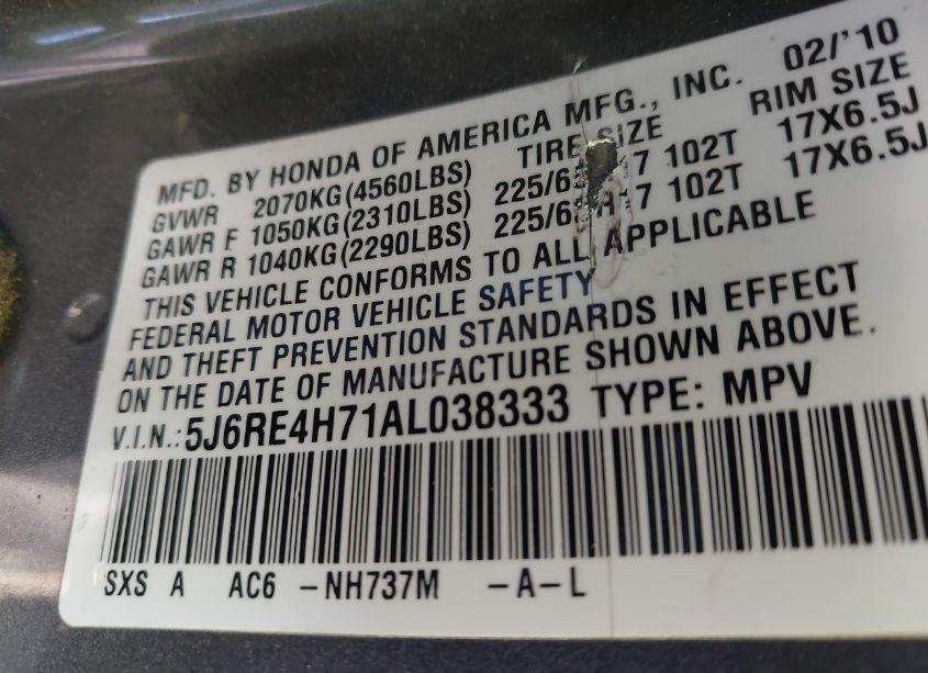 Photo 9 of 2010 Honda Cr-v EX-L (VIN 5J6RE4H71AL038333)