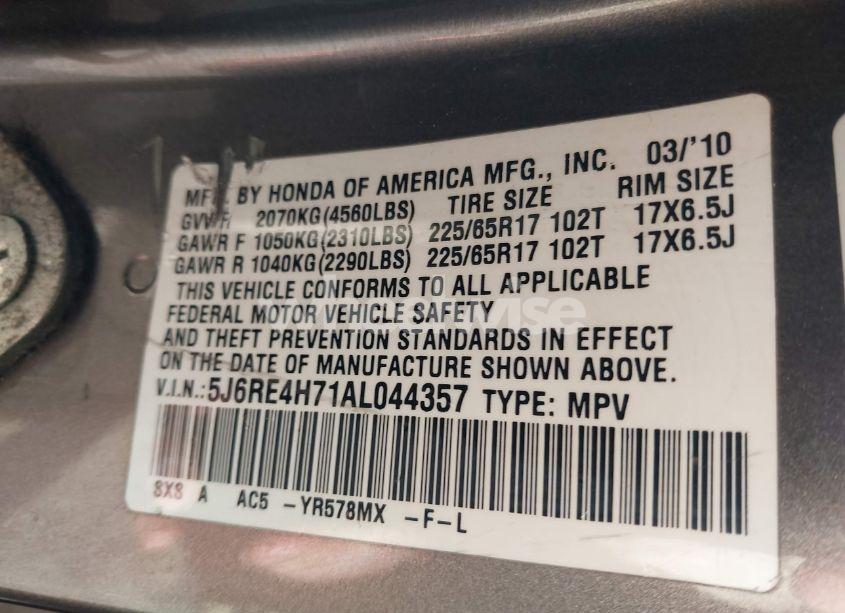 Photo 9 of 2010 Honda Cr-v EX-L (VIN 5J6RE4H71AL044357)