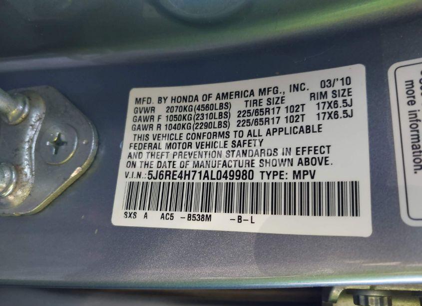 Photo 9 of 2010 Honda Cr-v EX-L (VIN 5J6RE4H71AL049980)