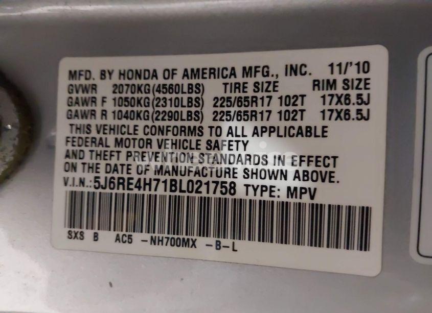 Photo 9 of 2011 Honda Cr-v EX-L (VIN 5J6RE4H71BL021758)