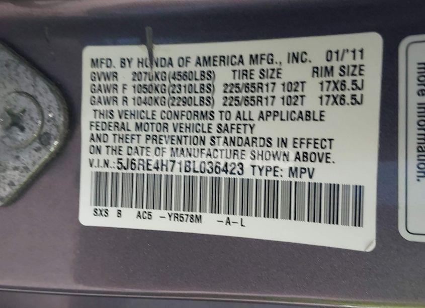 Photo 9 of 2011 Honda Cr-v EX-L (VIN 5J6RE4H71BL036423)