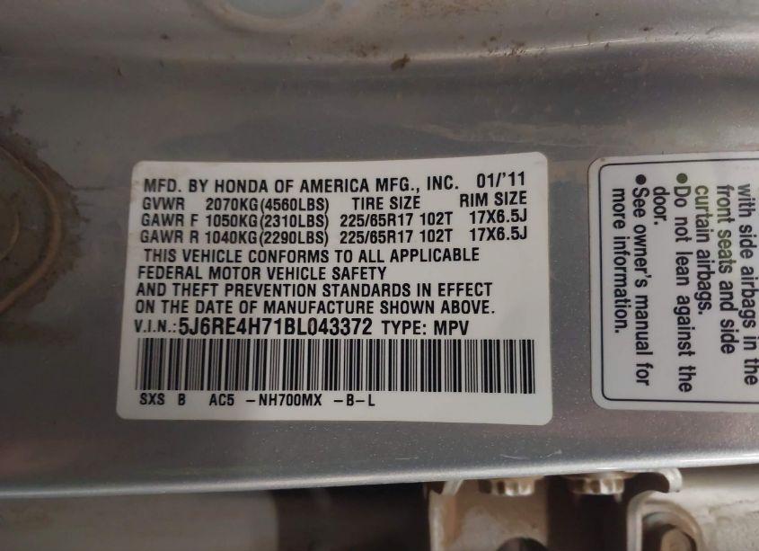 Photo 9 of 2011 Honda Cr-v EX-L (VIN 5J6RE4H71BL043372)