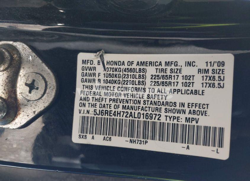 Photo 9 of 2010 Honda Cr-v EX-L (VIN 5J6RE4H72AL016972)