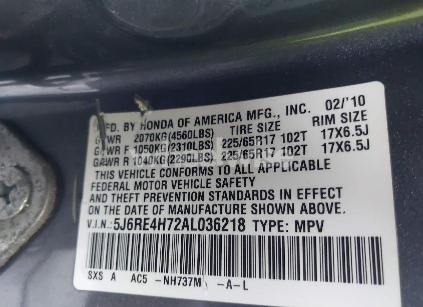 Photo 9 of 2010 Honda Cr-v EX-L (VIN 5J6RE4H72AL036218)