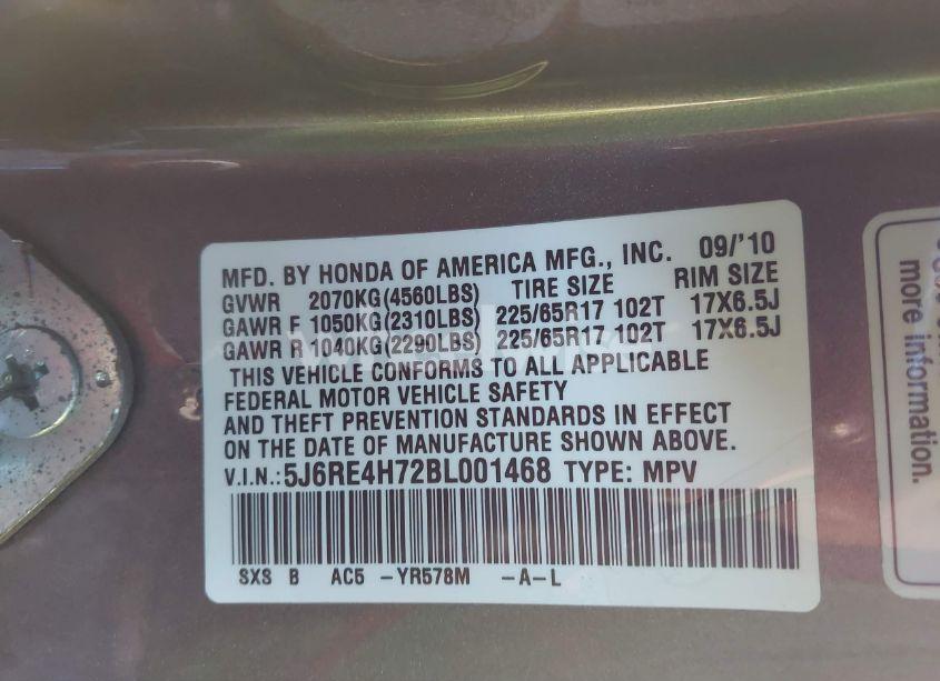 Photo 9 of 2011 Honda Cr-v EX-L (VIN 5J6RE4H72BL001468)