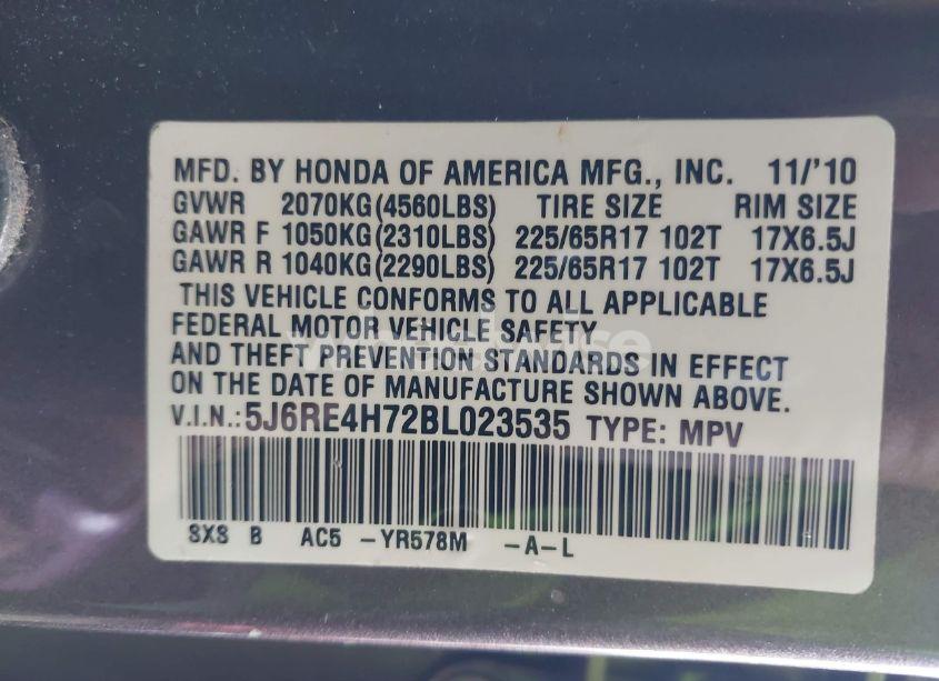 Photo 9 of 2011 Honda Cr-v EX-L (VIN 5J6RE4H72BL023535)