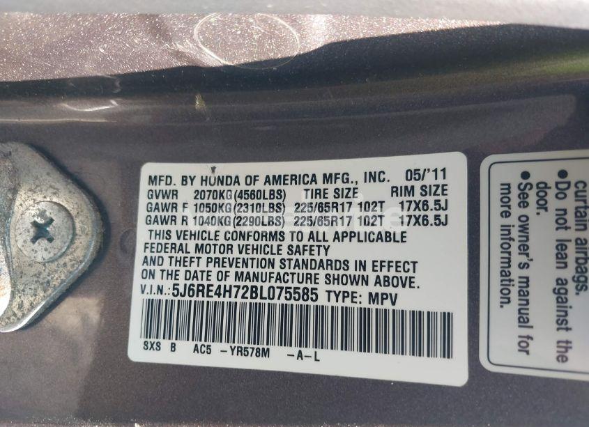 Photo 9 of 2011 Honda Cr-v EX-L (VIN 5J6RE4H72BL075585)