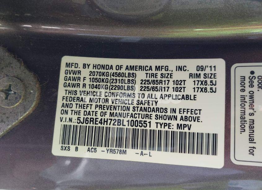 Photo 9 of 2011 Honda Cr-v EX-L (VIN 5J6RE4H72BL100551)