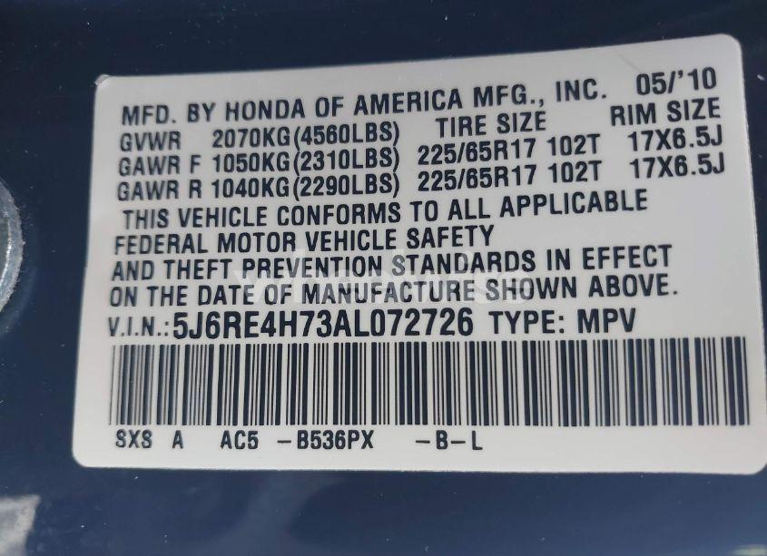 Photo 9 of 2010 Honda Cr-v EX-L (VIN 5J6RE4H73AL072726)
