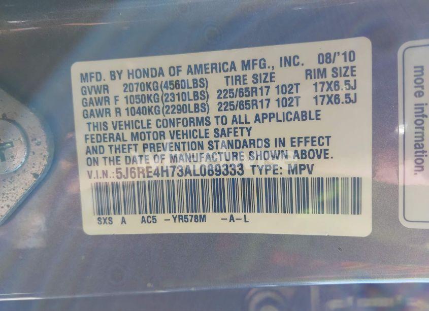 Photo 9 of 2010 Honda Cr-v EX-L (VIN 5J6RE4H73AL089333)