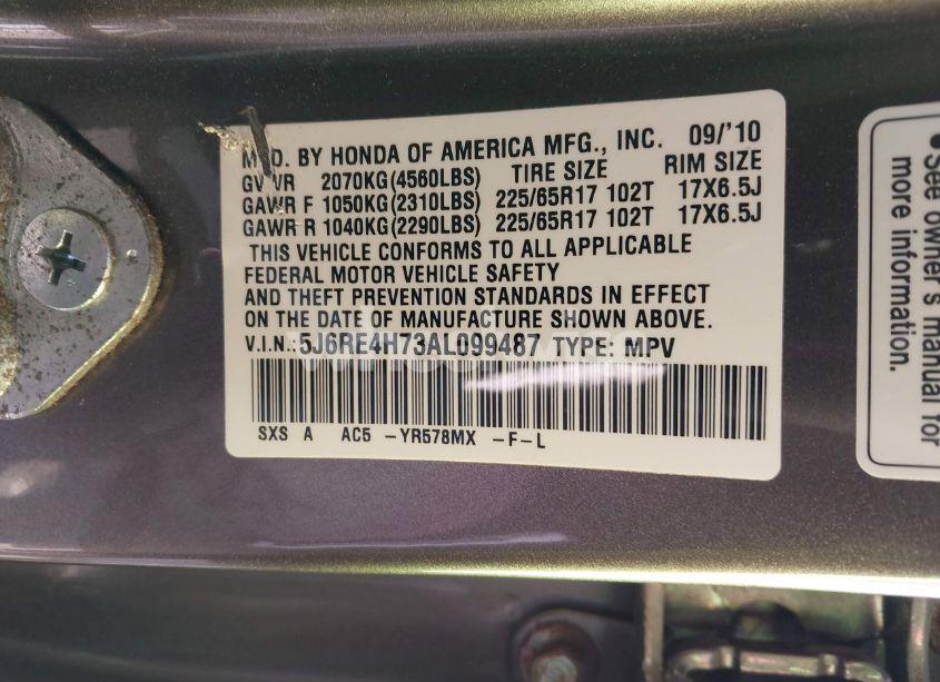 Photo 9 of 2010 Honda Cr-v EX-L (VIN 5J6RE4H73AL099487)