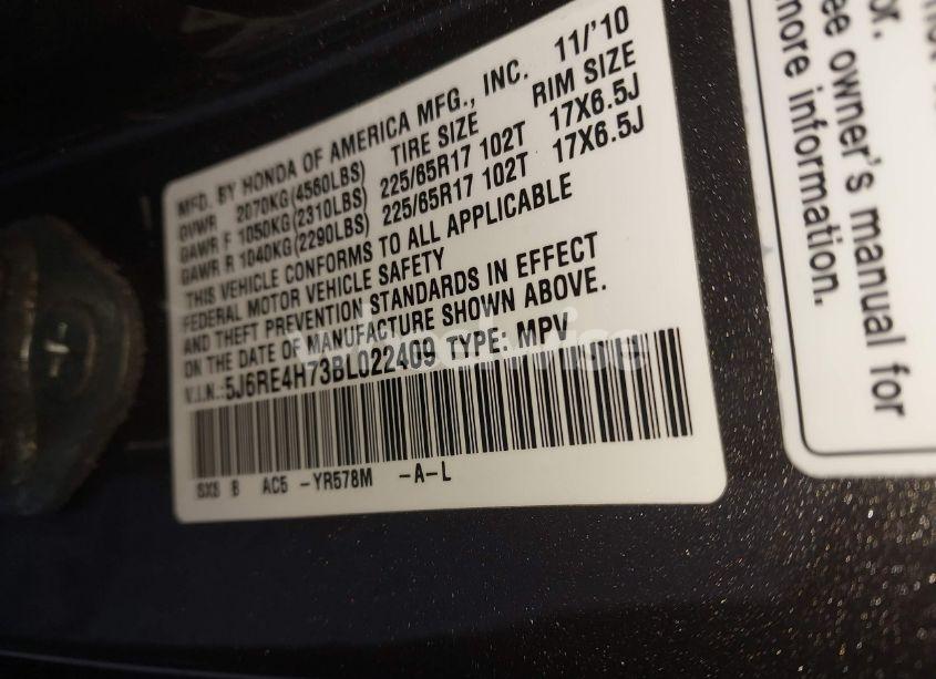 Photo 9 of 2011 Honda Cr-v EX-L (VIN 5J6RE4H73BL022409)