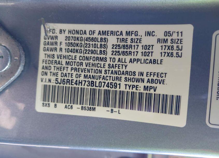 Photo 9 of 2011 Honda Cr-v EX-L (VIN 5J6RE4H73BL074591)