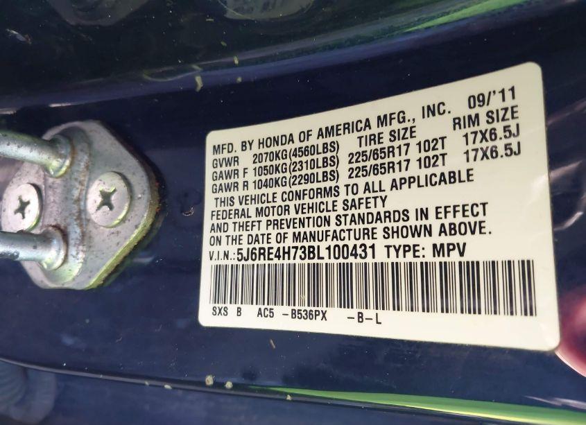 Photo 9 of 2011 Honda Cr-v EX-L (VIN 5J6RE4H73BL100431)