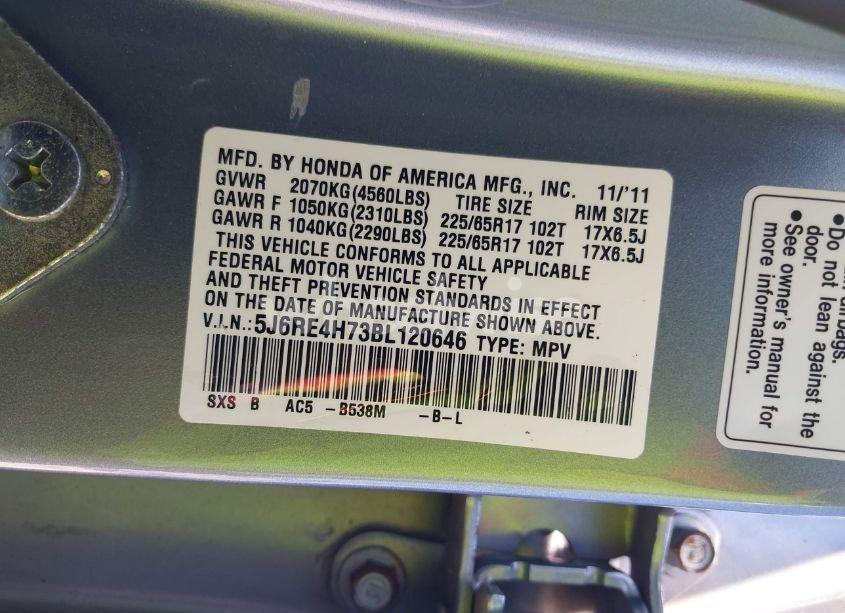 Photo 9 of 2011 Honda Cr-v EX-L (VIN 5J6RE4H73BL120646)