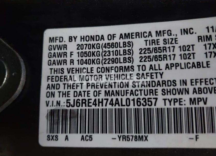 Photo 9 of 2010 Honda Cr-v EX-L (VIN 5J6RE4H74AL016357)