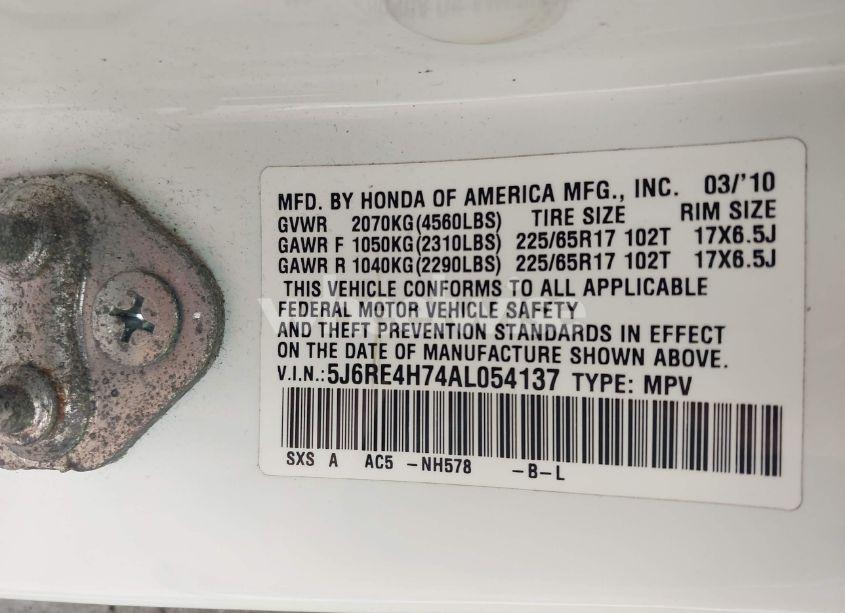 Photo 9 of 2010 Honda Cr-v EX-L (VIN 5J6RE4H74AL054137)