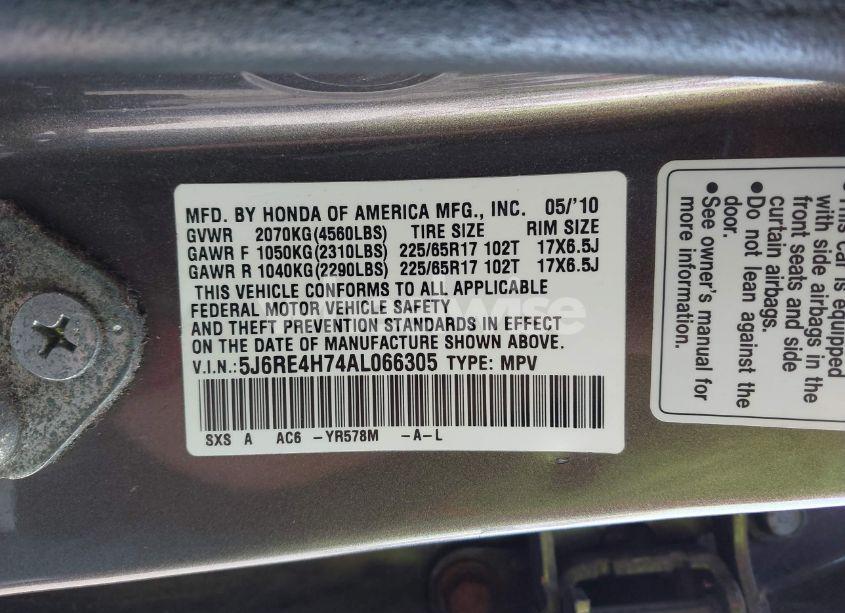 Photo 9 of 2010 Honda Cr-v EX-L (VIN 5J6RE4H74AL066305)