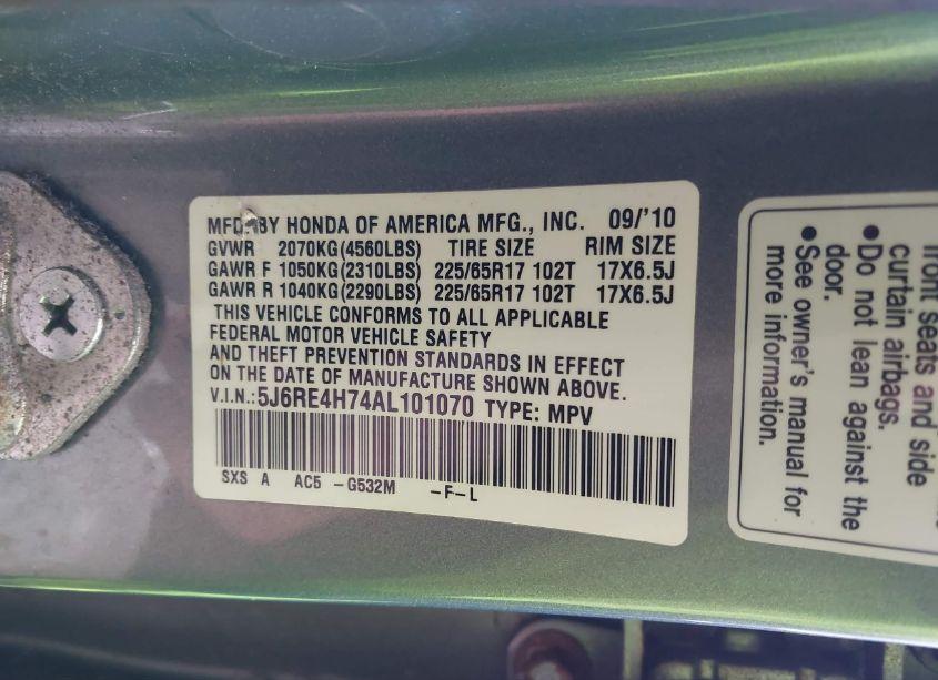 Photo 9 of 2010 Honda Cr-v EX-L (VIN 5J6RE4H74AL101070)