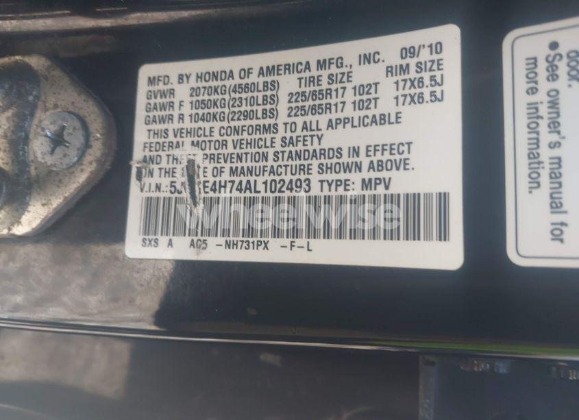 Photo 9 of 2010 Honda Cr-v EX-L (VIN 5J6RE4H74AL102493)