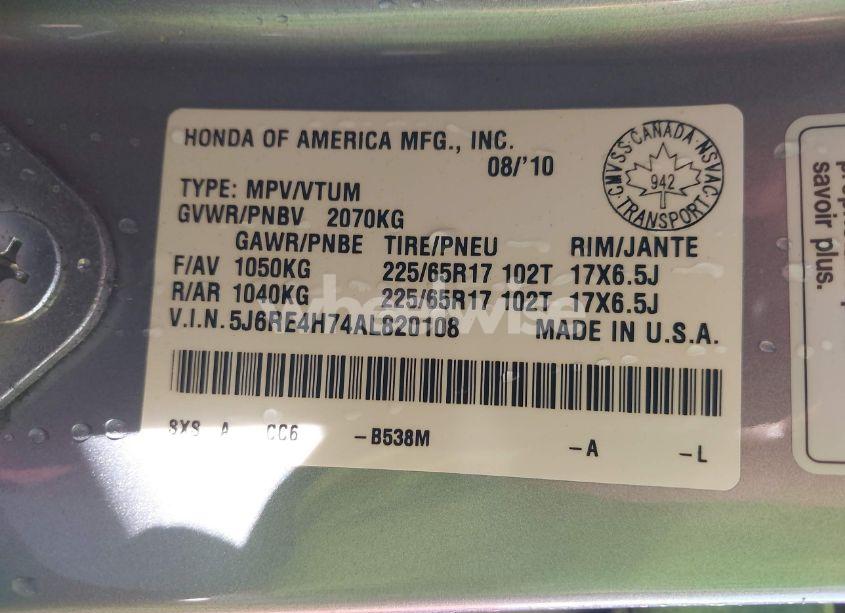 Photo 9 of 2010 Honda Cr-v EX-L (VIN 5J6RE4H74AL820108)