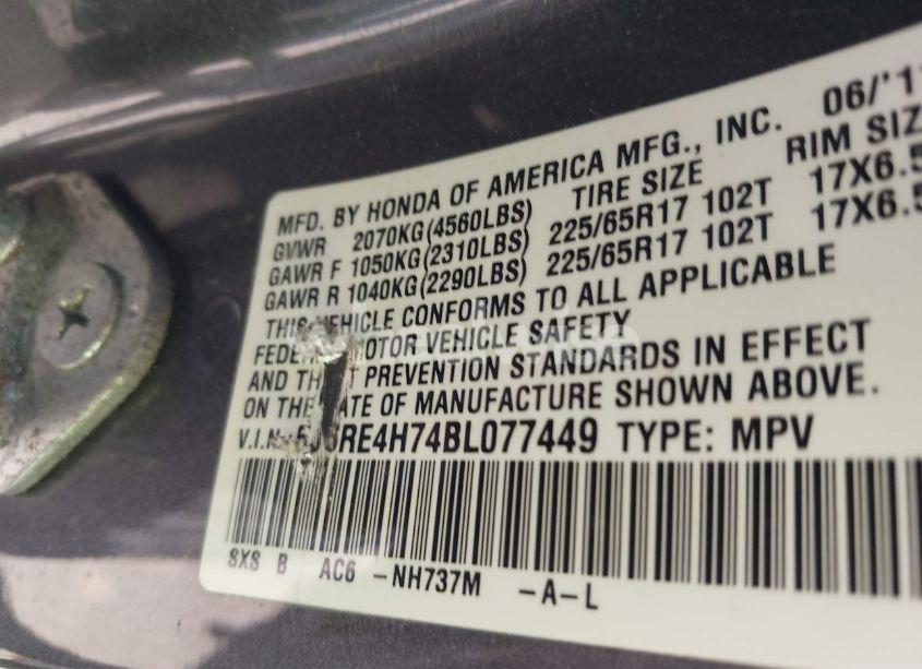 Photo 9 of 2011 Honda Cr-v EX-L (VIN 5J6RE4H74BL077449)