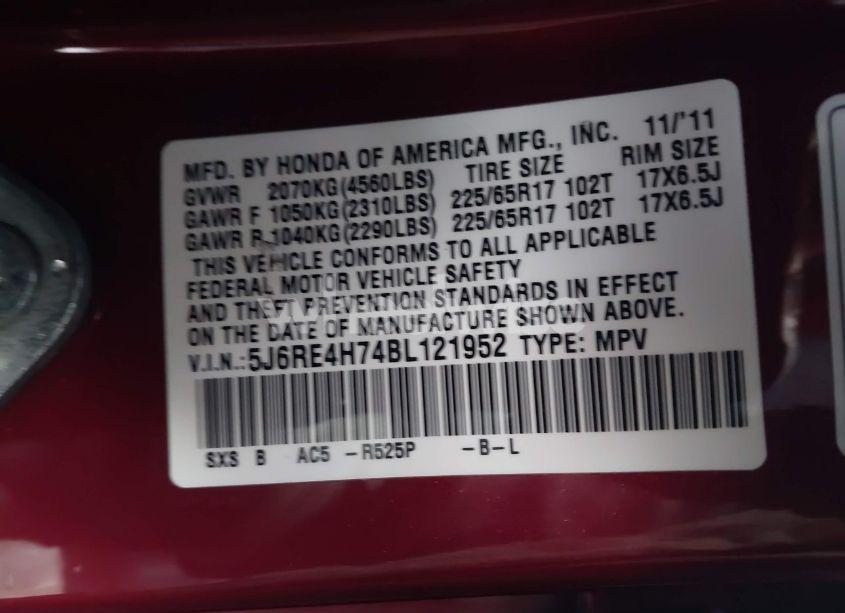 Photo 9 of 2011 Honda Cr-v EX-L (VIN 5J6RE4H74BL121952)