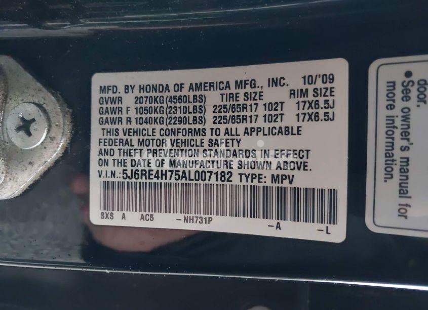 Photo 9 of 2010 Honda Cr-v EX-L (VIN 5J6RE4H75AL007182)