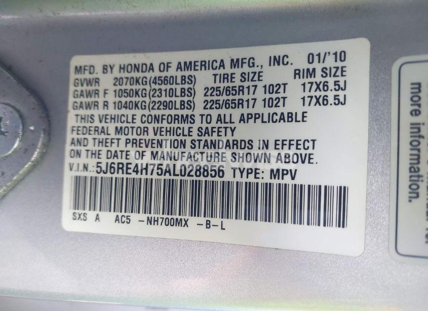 Photo 9 of 2010 Honda Cr-v EX-L (VIN 5J6RE4H75AL028856)