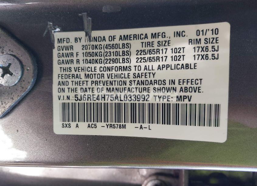 Photo 9 of 2010 Honda Cr-v EX-L (VIN 5J6RE4H75AL033992)