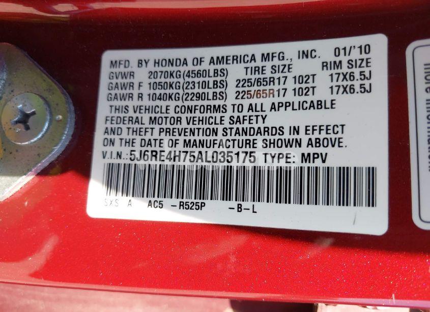 Photo 9 of 2010 Honda Cr-v EX-L (VIN 5J6RE4H75AL035175)