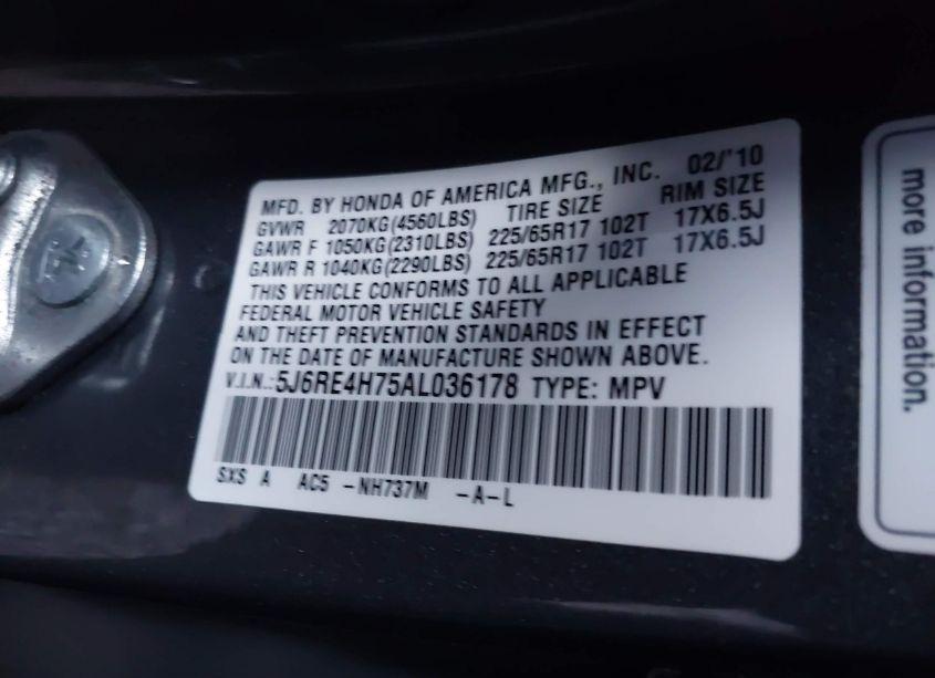 Photo 9 of 2010 Honda Cr-v EX-L (VIN 5J6RE4H75AL036178)