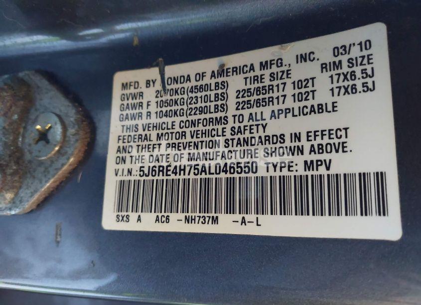 Photo 9 of 2010 Honda Cr-v EX-L (VIN 5J6RE4H75AL046550)