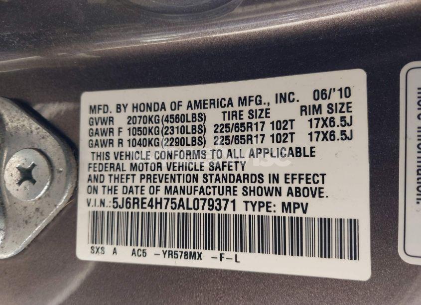 Photo 9 of 2010 Honda Cr-v EX-L (VIN 5J6RE4H75AL079371)