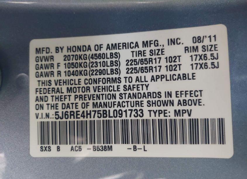 Photo 9 of 2011 Honda Cr-v EX-L (VIN 5J6RE4H75BL091733)