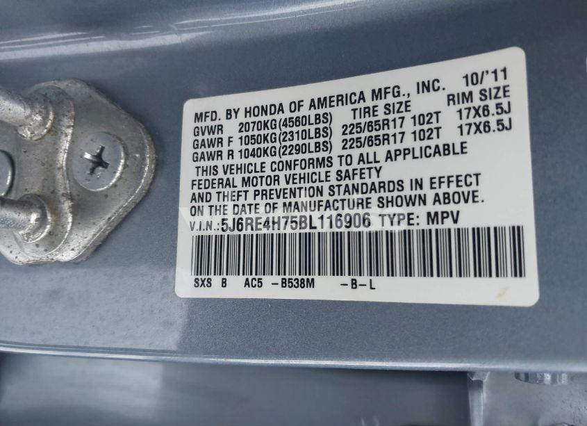 Photo 9 of 2011 Honda Cr-v EX-L (VIN 5J6RE4H75BL116906)