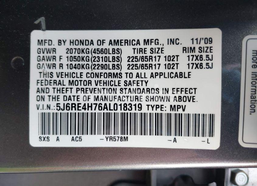 Photo 9 of 2010 Honda Cr-v EX-L (VIN 5J6RE4H76AL018319)