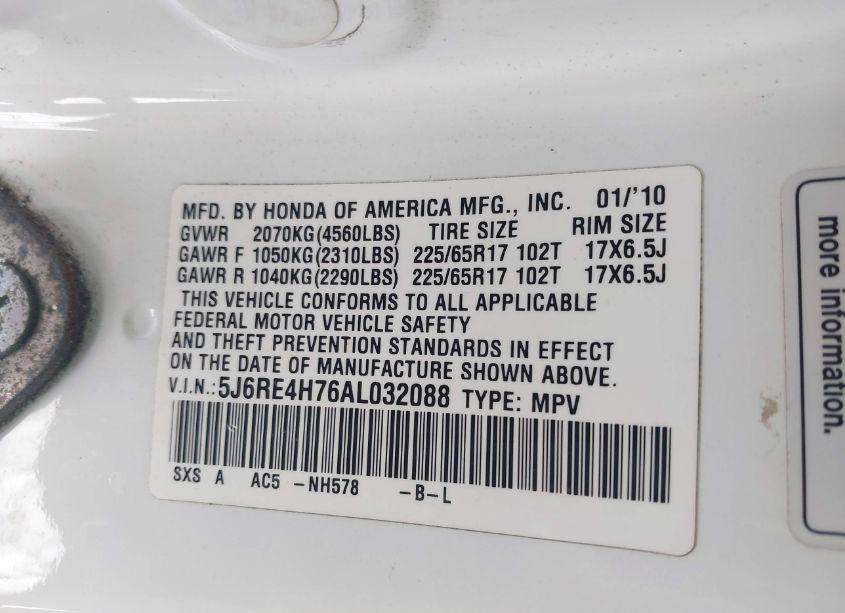 Photo 9 of 2010 Honda Cr-v EX-L (VIN 5J6RE4H76AL032088)